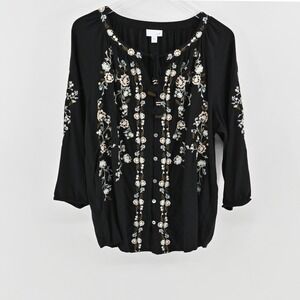 J Jill Embroidered Floral Top Womens Size L Black Bohemian Peasant Blouse Tassel